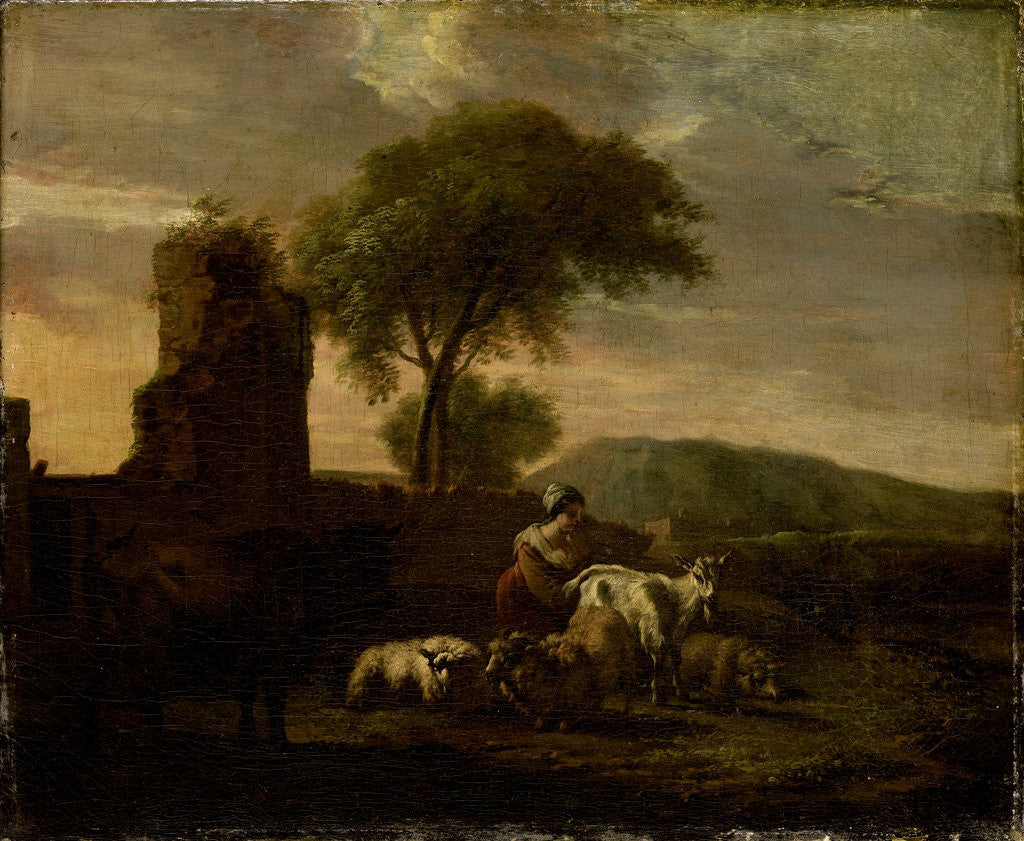 Detail of Italian Landscape with Shepherdess and Animals by Simon van der Does