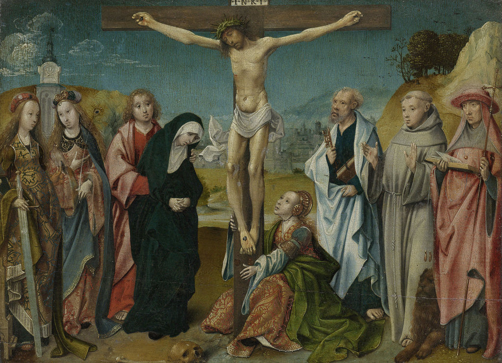 Detail of Christ on the Cross with the Virgin, Saint John, Mary Magdalene and Saints Cecilia and Barbara, Francis and Jerome by Cornelis Engebrechtsz