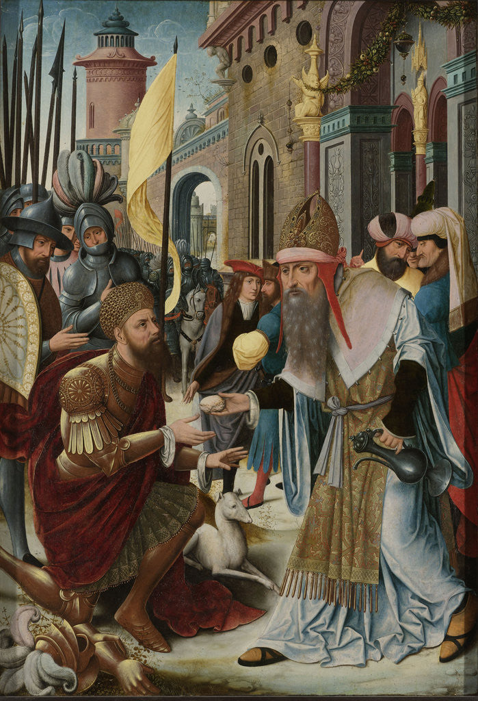 Detail of Meeting of Abraham and Melchizedek, inner, left wing of a triptych by Anonymous