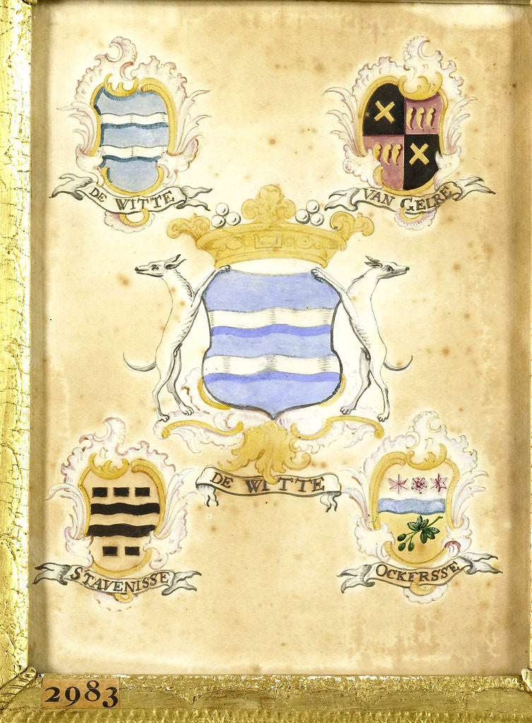 Detail of The coat of arms of Anna Jacoba de Witte, wife of Jacob Verheye van Citters, with the coat of arms of her four grandparents by Anonymous