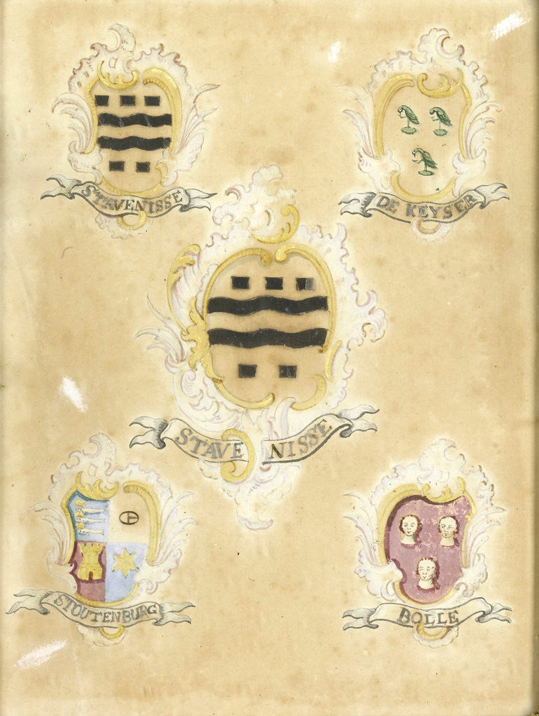 Detail of The coat of arms of Maria Magdalena Stavenisse, wife of Jacob de Witte, with the coat of arms of her four grandparents by Anonymous