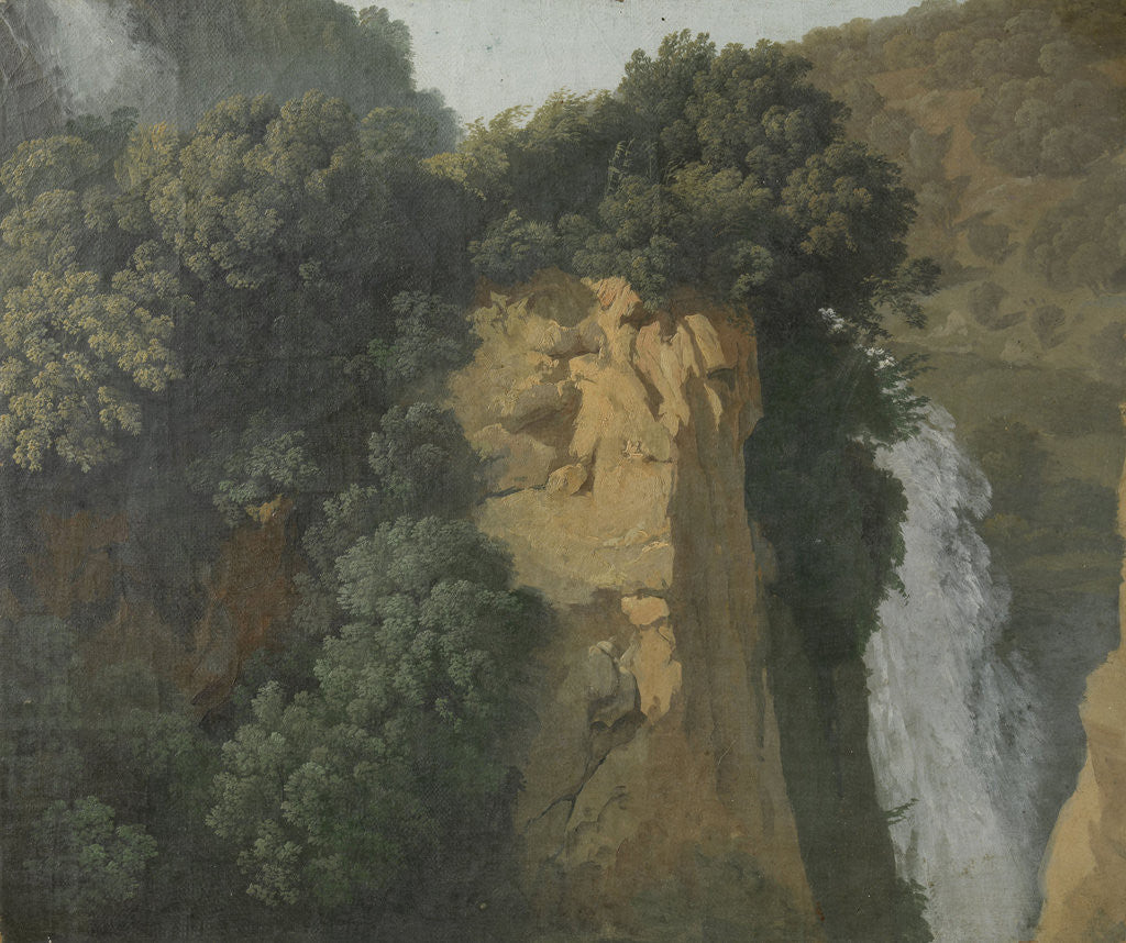 Detail of Overgrown Cliffs with a Waterfall in Italy, perhaps at Tivoli by Hendrik Voogd