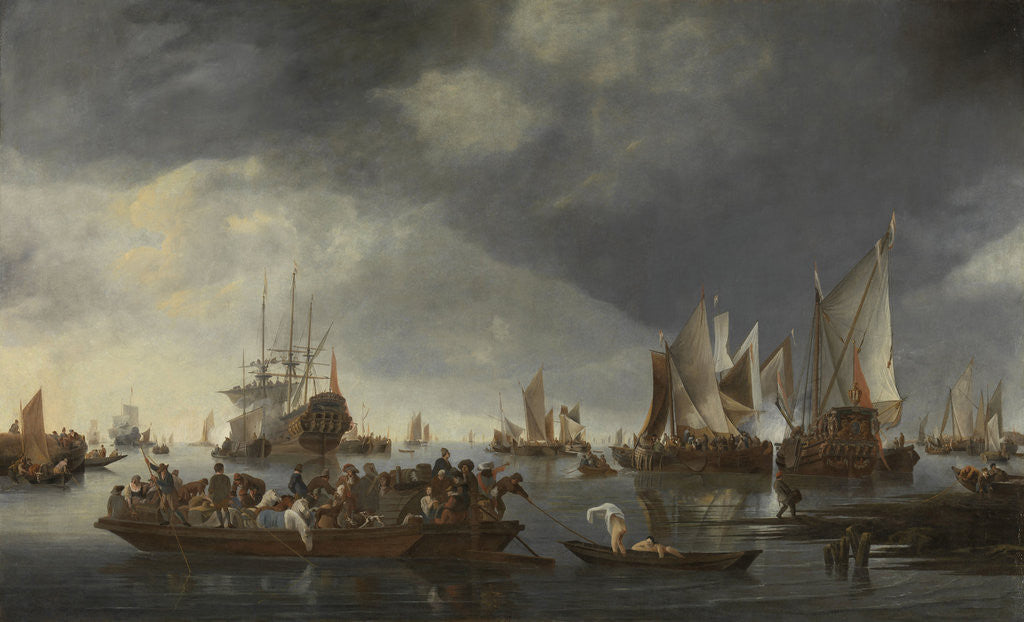 Detail of Harbor with Sailboats and Ferry Boat by Hendrick Jacobsz. Dubbels
