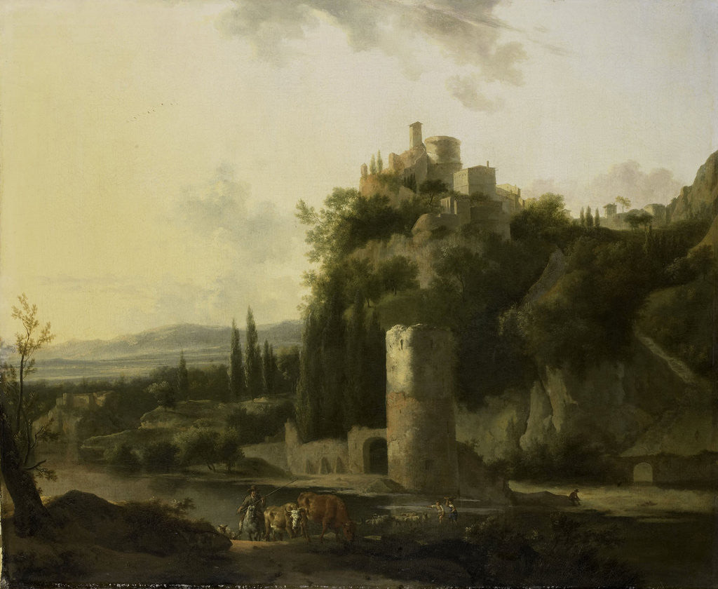 Detail of Italina landscape with round tower by Frederik de Moucheron