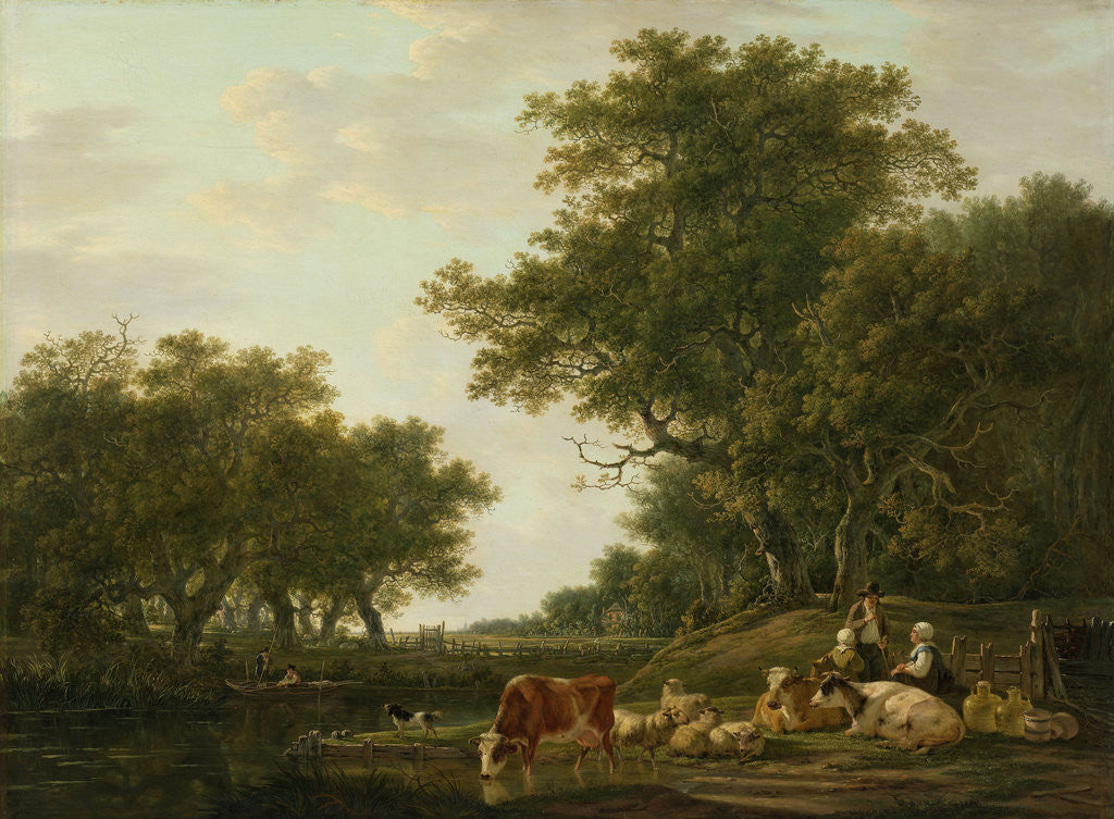 Detail of Landscape with Peasants with their Cattle and Anglers on the Water by Jacob van Strij