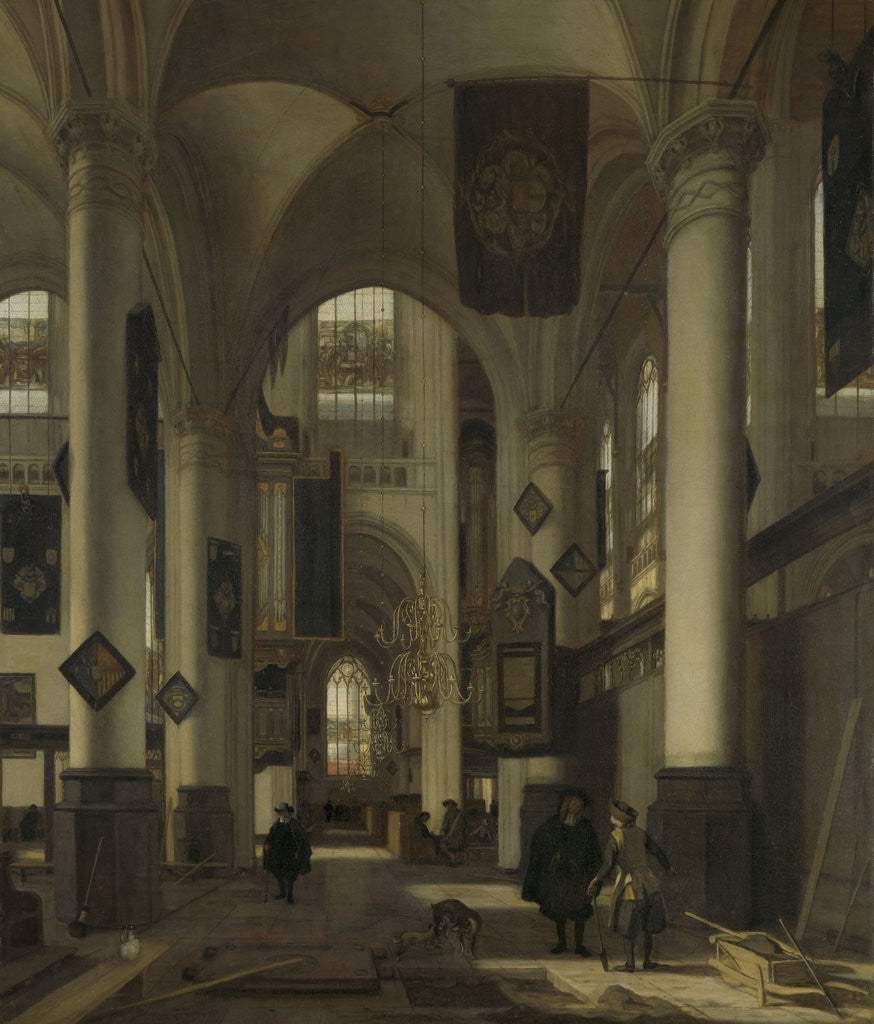 Detail of Interior of a Protestant Gothic Church with Motifs from the Oude and Nieuwe Kerk in Amsterdam, The Netherlands by Emanuel de Witte