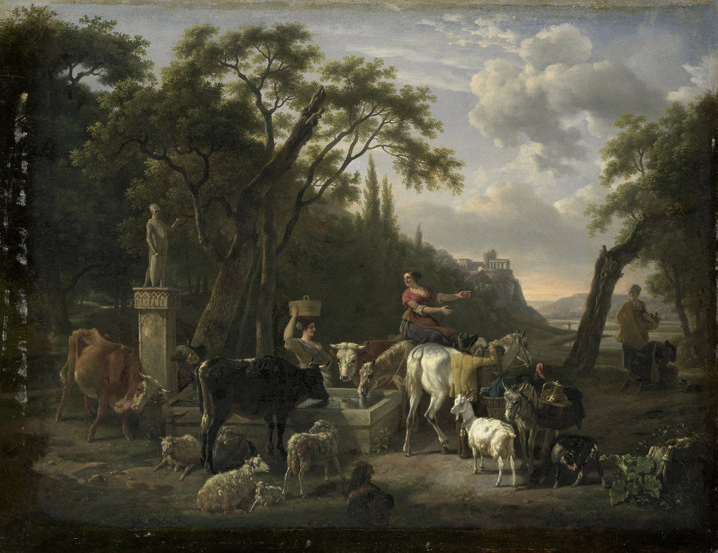 Detail of Italian Landscape with Shepherds and Animals at a Fountain by Jean Louis Demarne