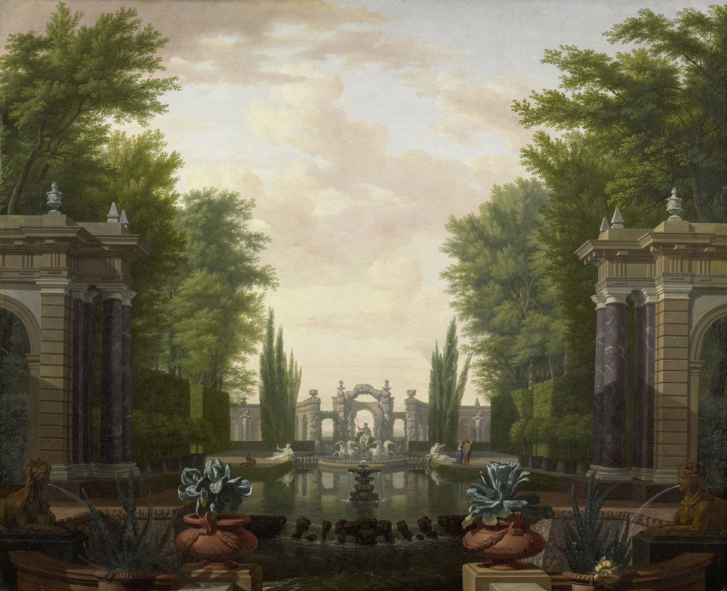 Detail of Water Terrace with Statues and Fountains in a Park by Isaac de Moucheron