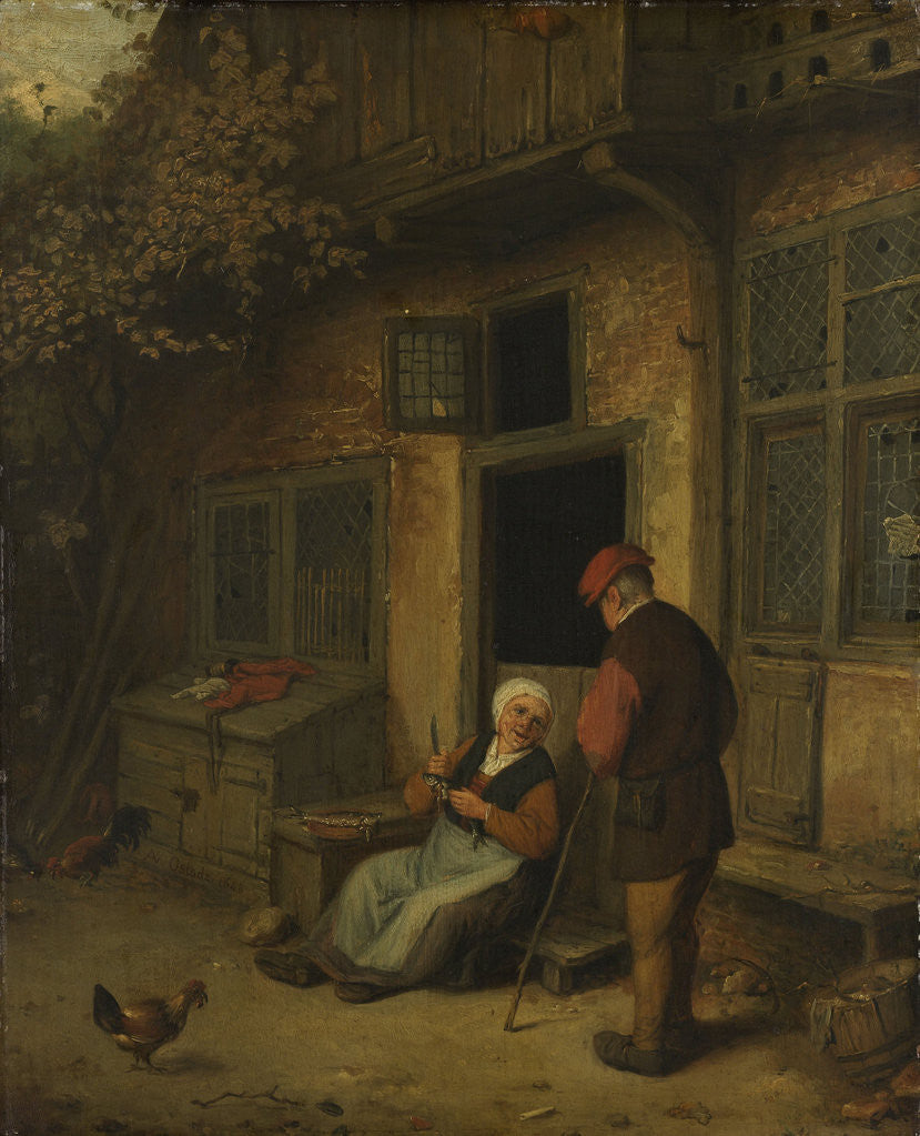 Detail of A woman gutting herring in front of her house by Adriaen van Ostade