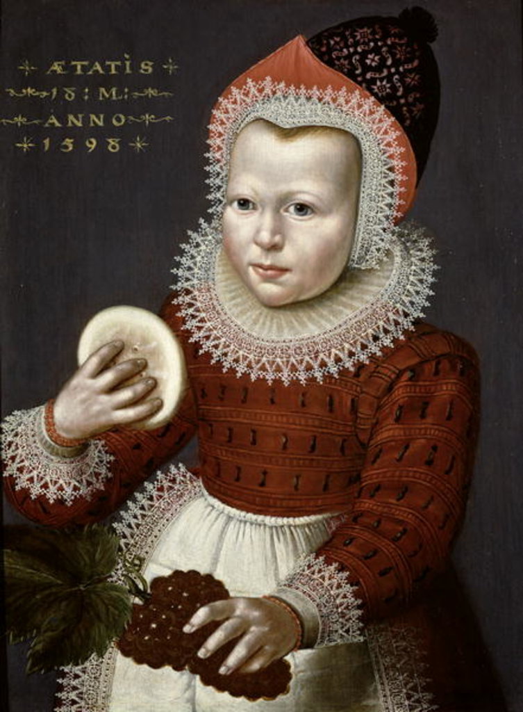 Detail of Portrait of a Young Girl Holding Bread and Grapes, 1598 by English School