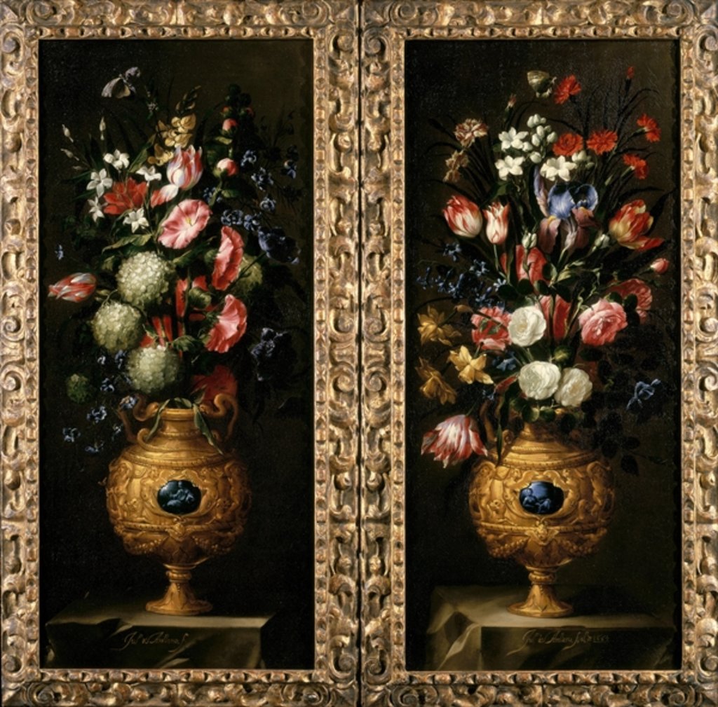 Detail of Pair of still lives of flowers in decorative gold vases with lapiz cartouches by Juan de Arellano