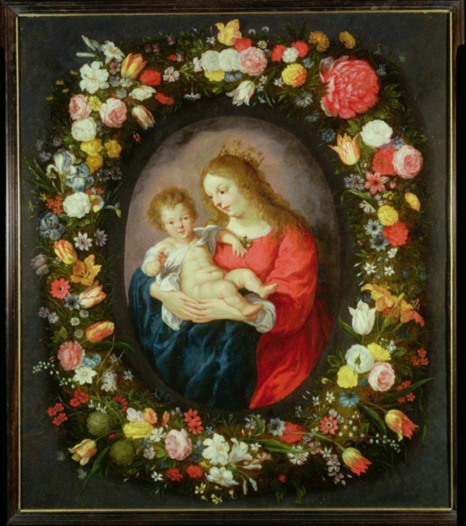 Detail of Madonna and Child in a Garland of Flowers by Vincent Sellaer