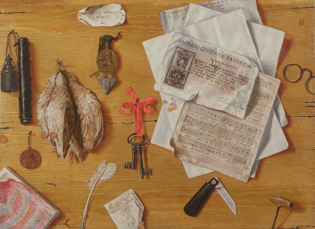 Detail of A Trompe l'Oeil with Birds, Keys, Spectacles and Sheet Music by Andrea Domenico Remps