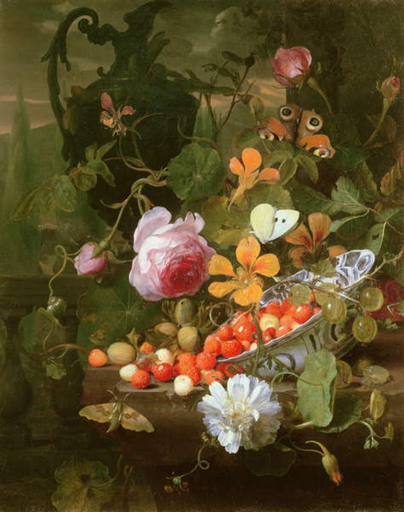 Detail of A Still Life of Strawberries in a Bowl and Flowers, 1696 by Jan Mortel
