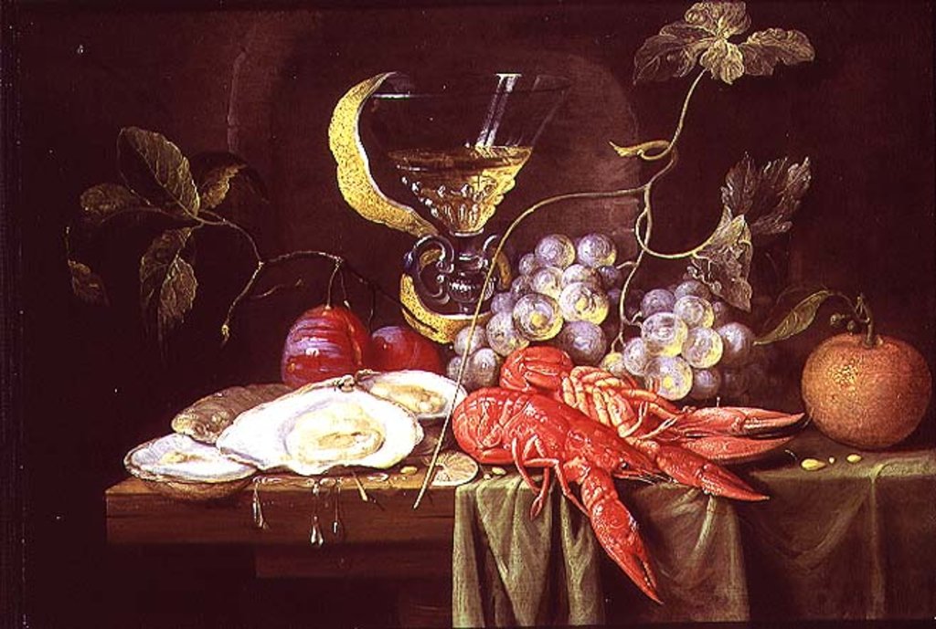 Detail of Still life with lobster, oysters and fruit by Alexander Coosemans
