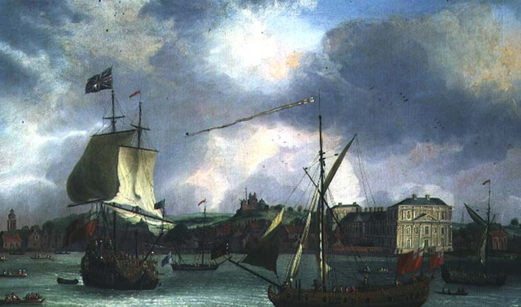 Detail of View of Greenwich with shipping by Isaac Sailmaker