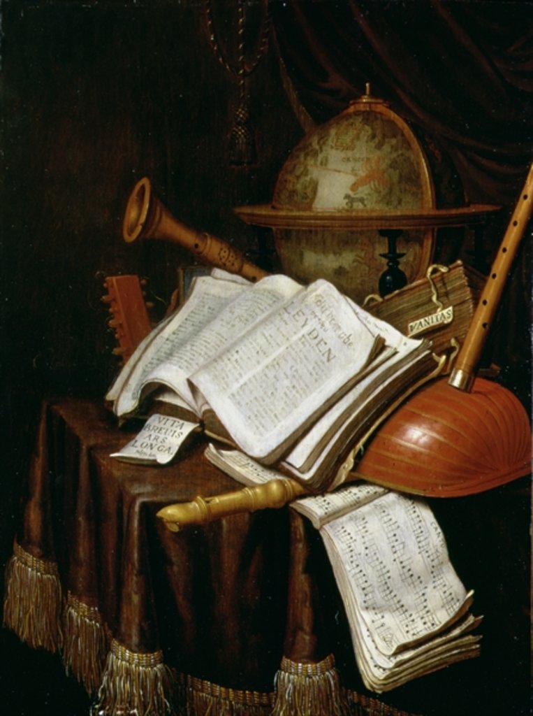 Detail of Vanitas with a globe, musical scores and instruments, 1692 by Edwaert Colyer or Collier