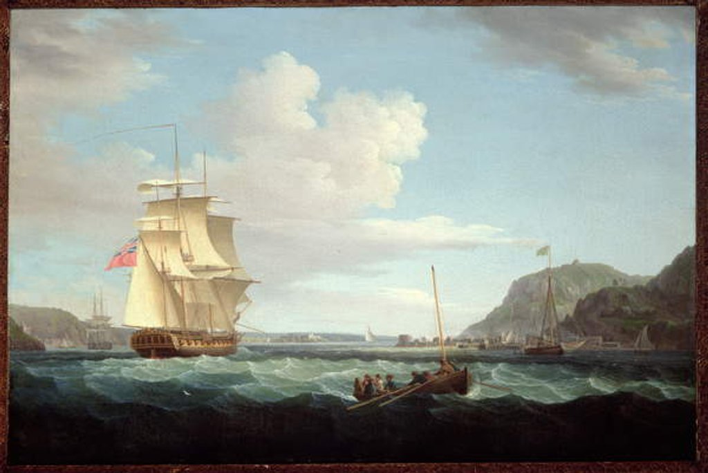 A British Frigate with a Longboat off the Headland of Gallows Hill, Broad Bay, Isle of Lewis, Hebrides by Thomas Whitcombe