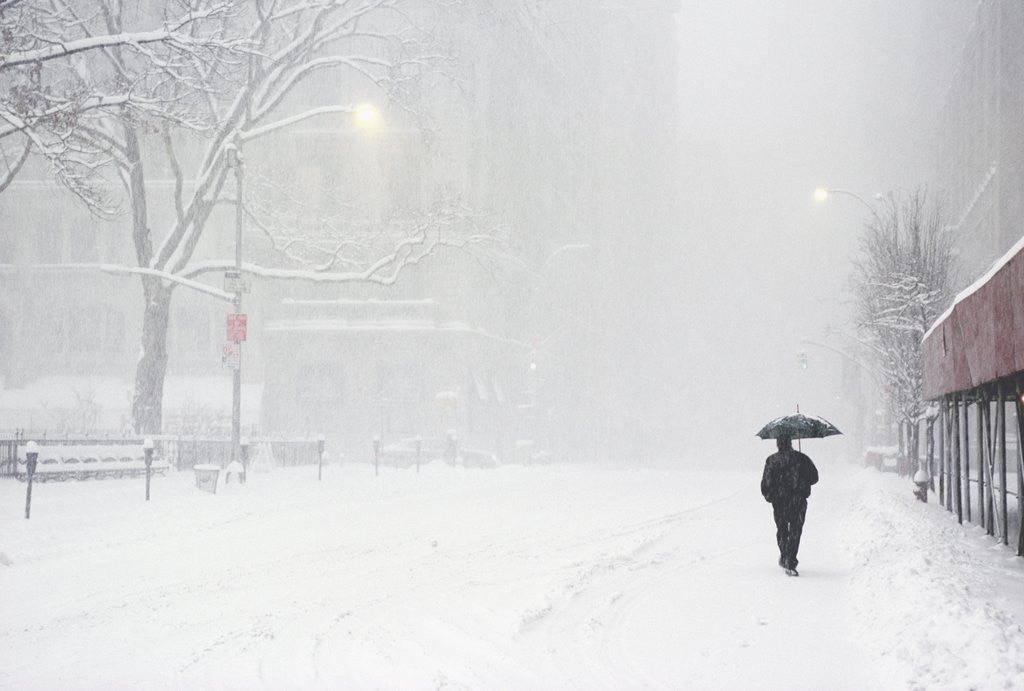 Detail of Pedestrian Walking Along Snowy Street by Anonymous