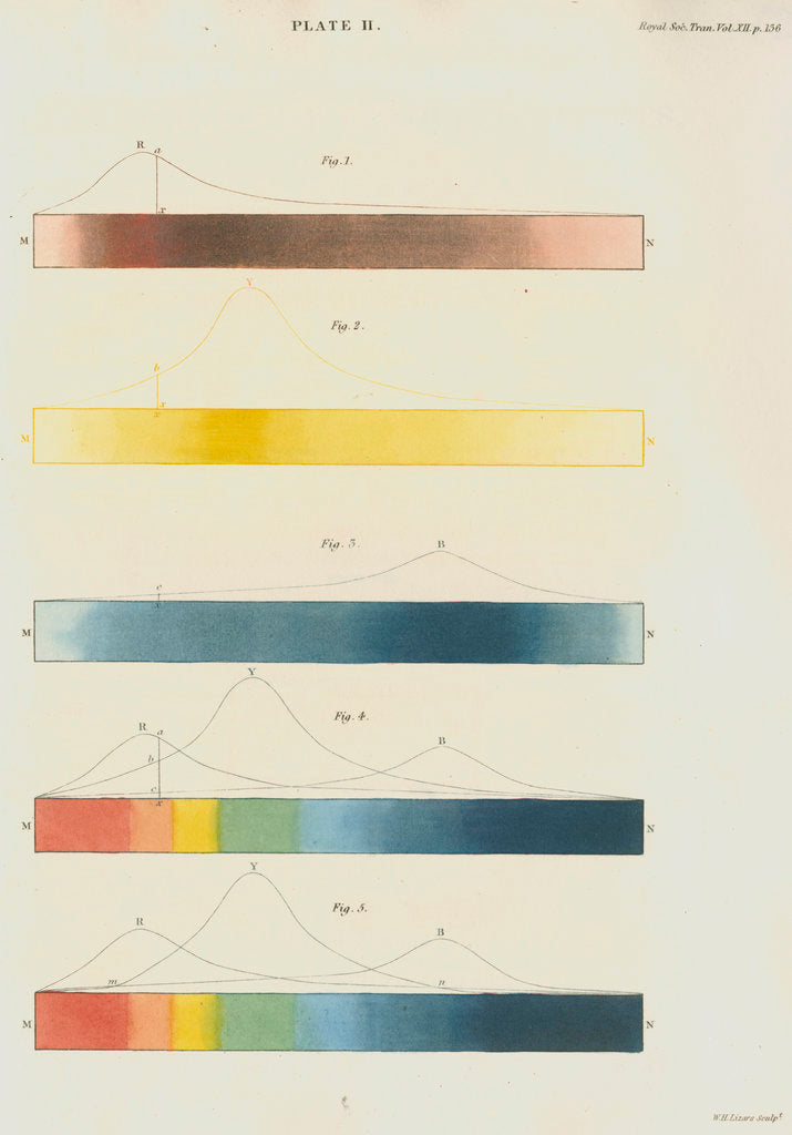 Detail of Red, blue and yellow spectra, with the solar spectrum by William Home Lizars