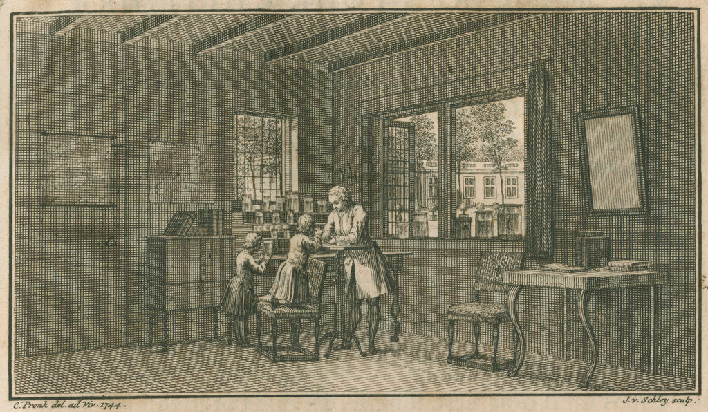 Detail of Abraham Trembley in his laboratory with pupils by Jacobus van der Schley