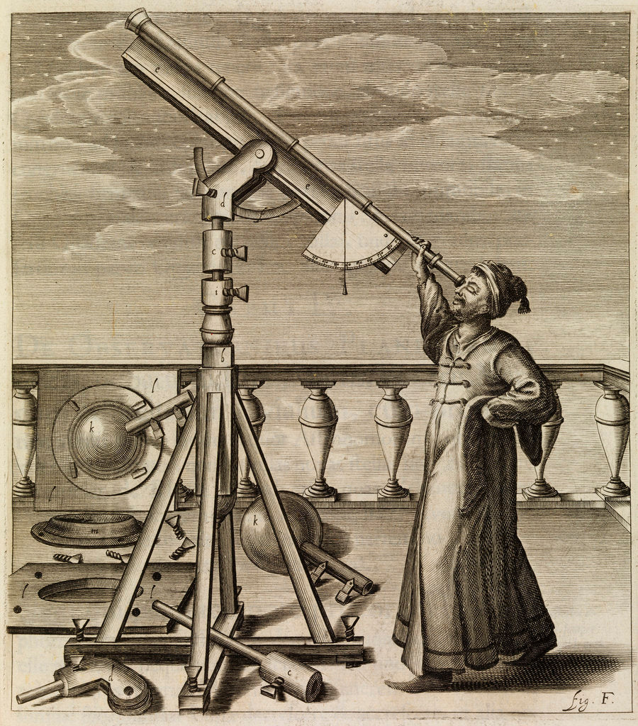 Detail of Johannes Hevelius observing through telescope by Johannes Hevelius