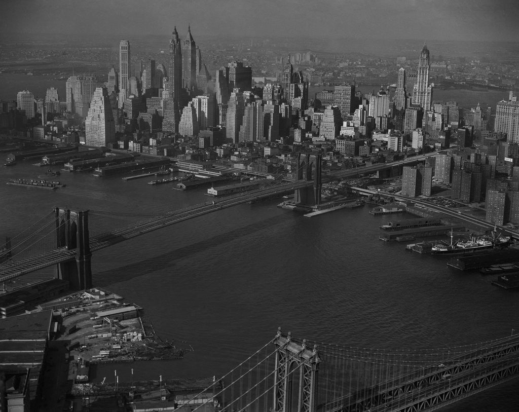 Detail of Brooklyn Bridge and New York Skyline by Corbis