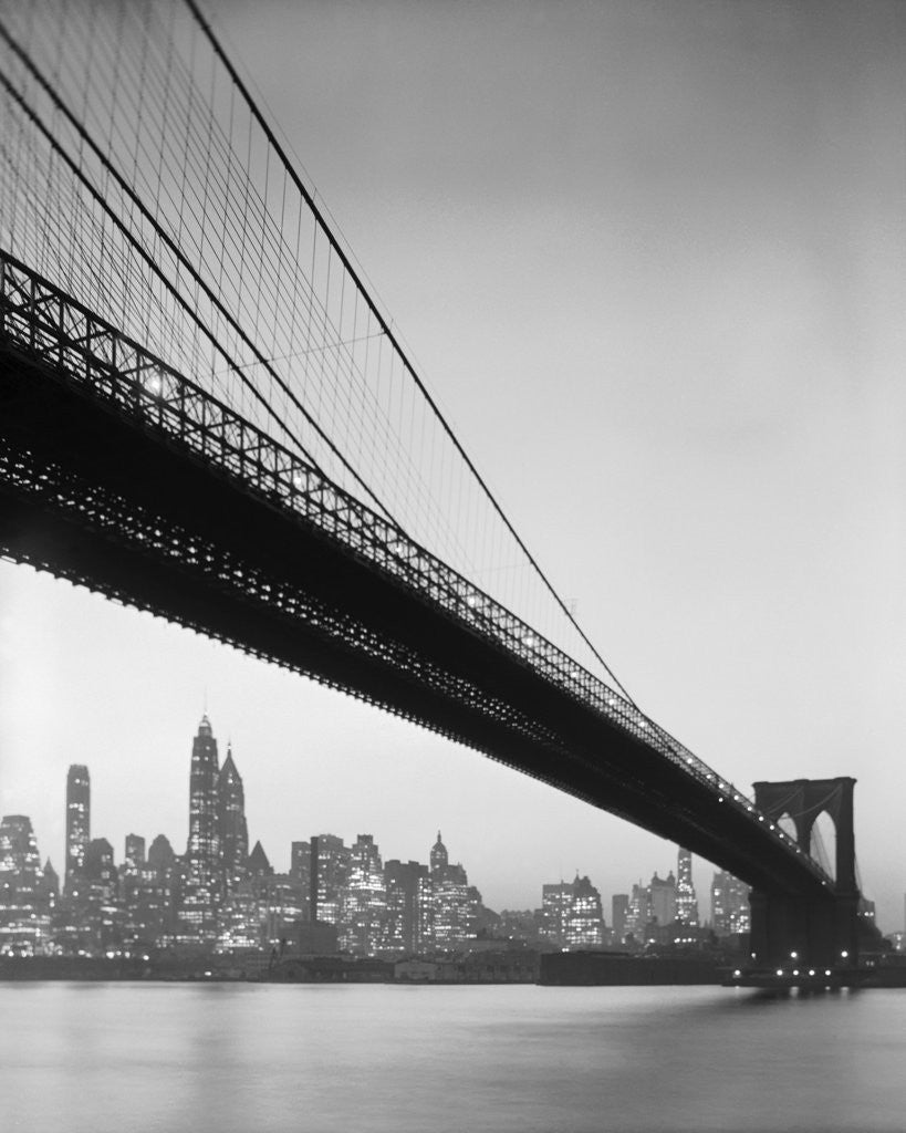 Detail of Brooklyn Bridge and Manhattan Skyline by Corbis