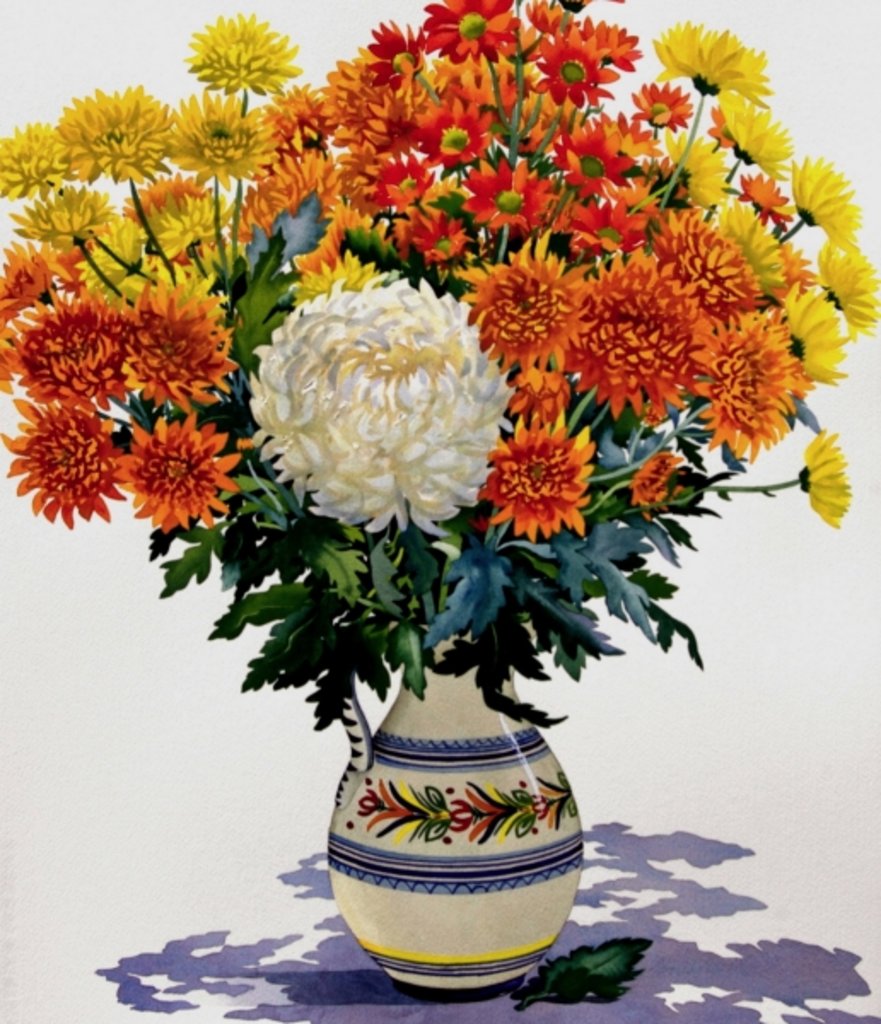 Detail of Chrysanthemums in a patterned jug, 2005 by Christopher Ryland