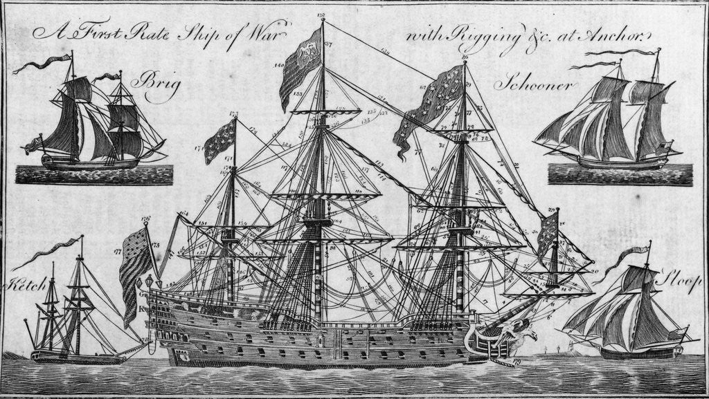 Detail of Illustration of Ship of War with Rigging by Corbis