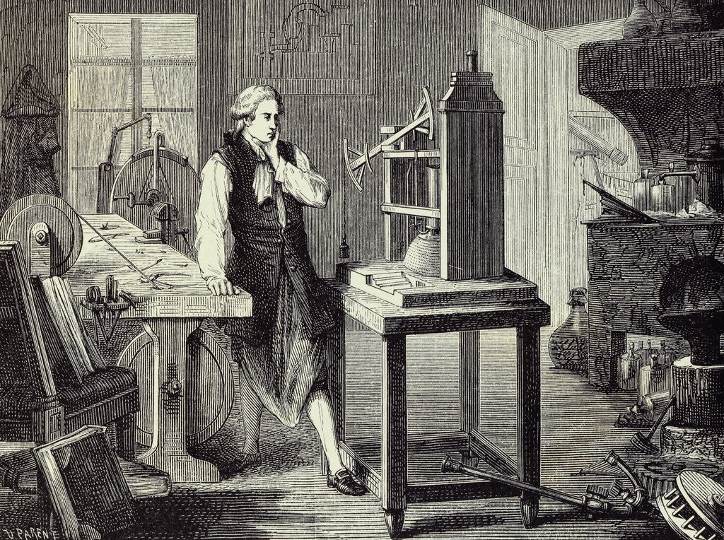 Detail of Print Depicting James Watt Studying Improvements to the Newcomen Steam Engine by Anonymous