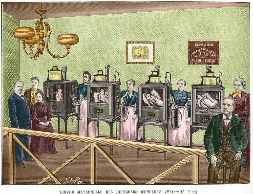 Detail of 19th Century Color Engraving of Infant Incubators by Victor Rose