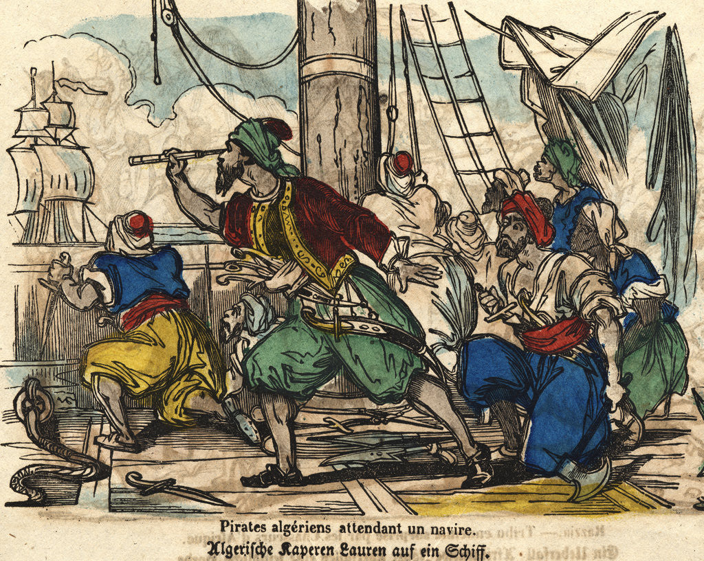 Detail of Pirates Algeriens Attendant un Navire Woodblock Print by Anonymous