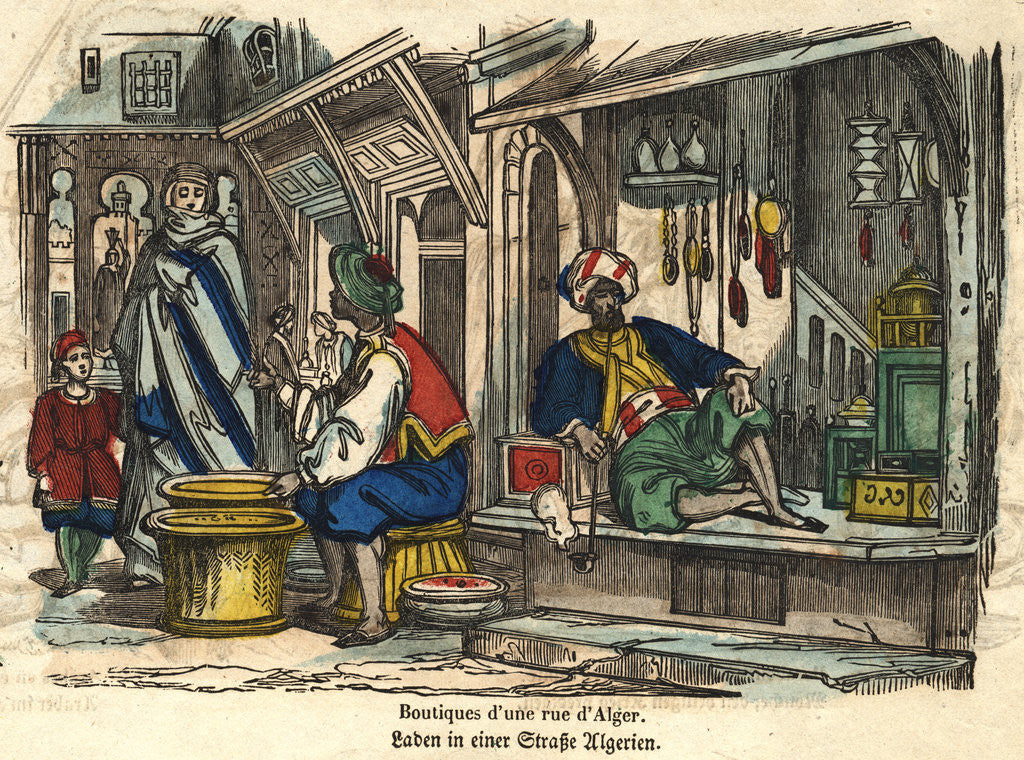Detail of Boutiques d'une Rue d'Alger Woodblock Print by Anonymous
