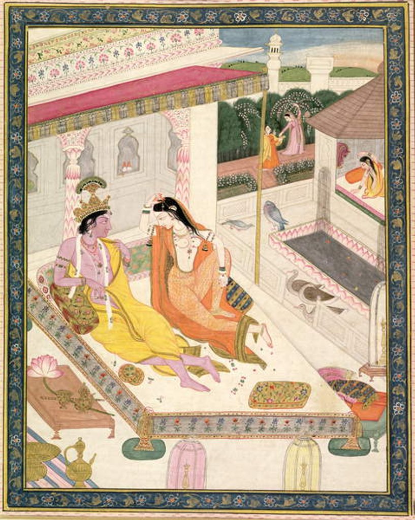 Detail of Krishna and Radha on a bed in a Mogul palace, Punjab, c.1860 by Indian School