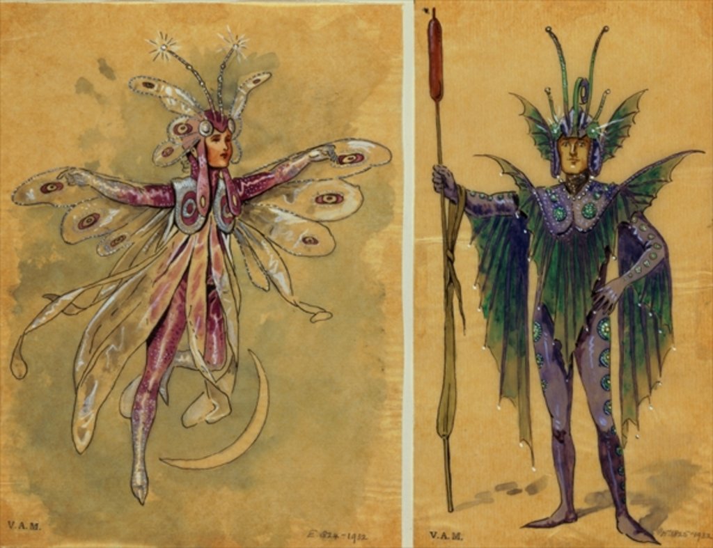 Detail of Two costume designs for fairies by C. Wilhelm