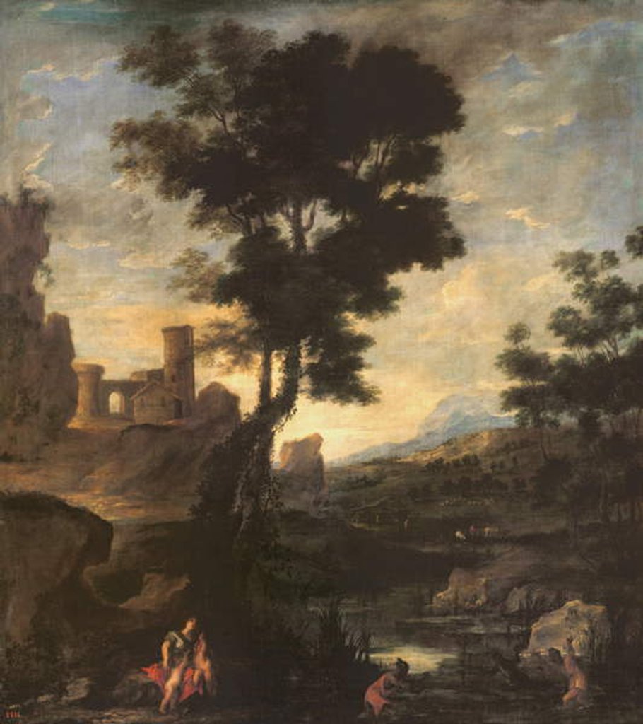 Detail of Landscape with Leto and the peasants transformed into frogs by Benito-Manuel de Aguero