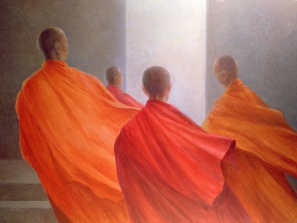 Detail of Four Monks on Temple Steps by Lincoln Seligman