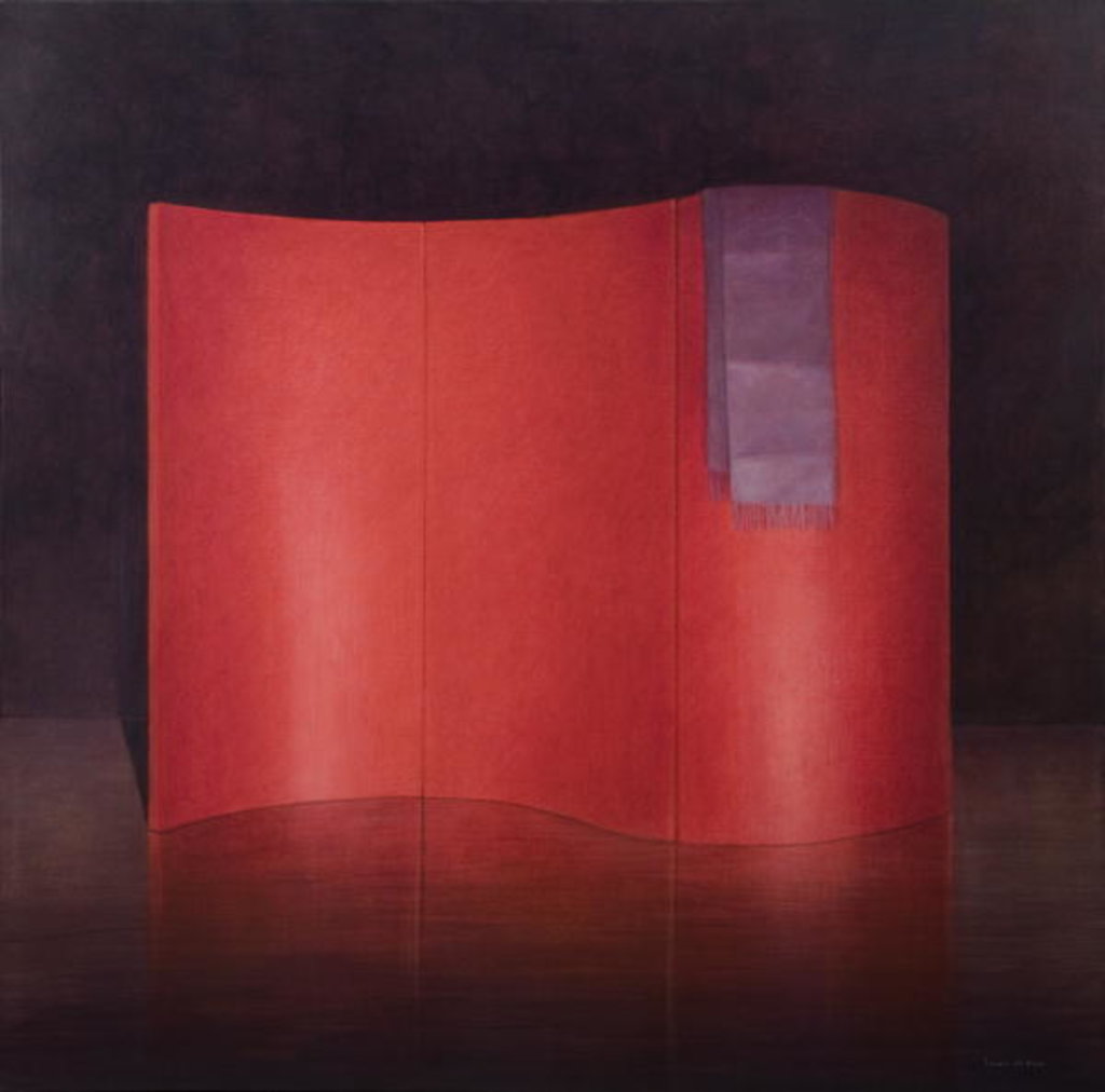 Detail of Curving red lacquer screen by Lincoln Seligman