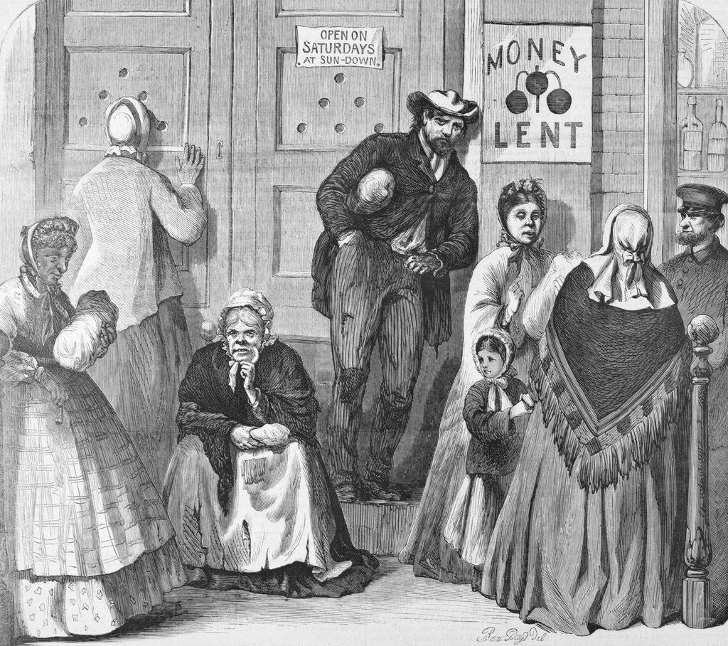 Detail of Illustration of People Waiting Outside a Pawn Shop by Corbis