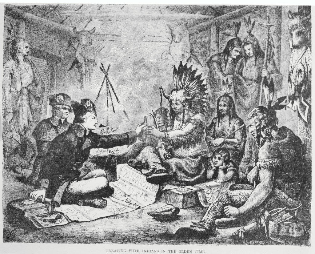 Detail of Settlers and Native Americans Trading Goods by Corbis
