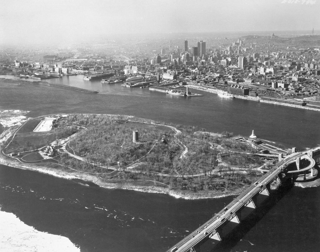 Detail of St. Helene's Island and Jacques Cartier Bridge by Anonymous