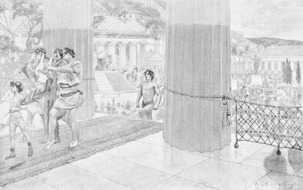 Detail of Print Showing a Victor of Ancient Olympic Games Entering the Temple of Zeus by Andre Castaigne