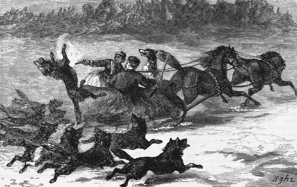 Detail of Illustration of Wolves Chasing Sleigh by Corbis