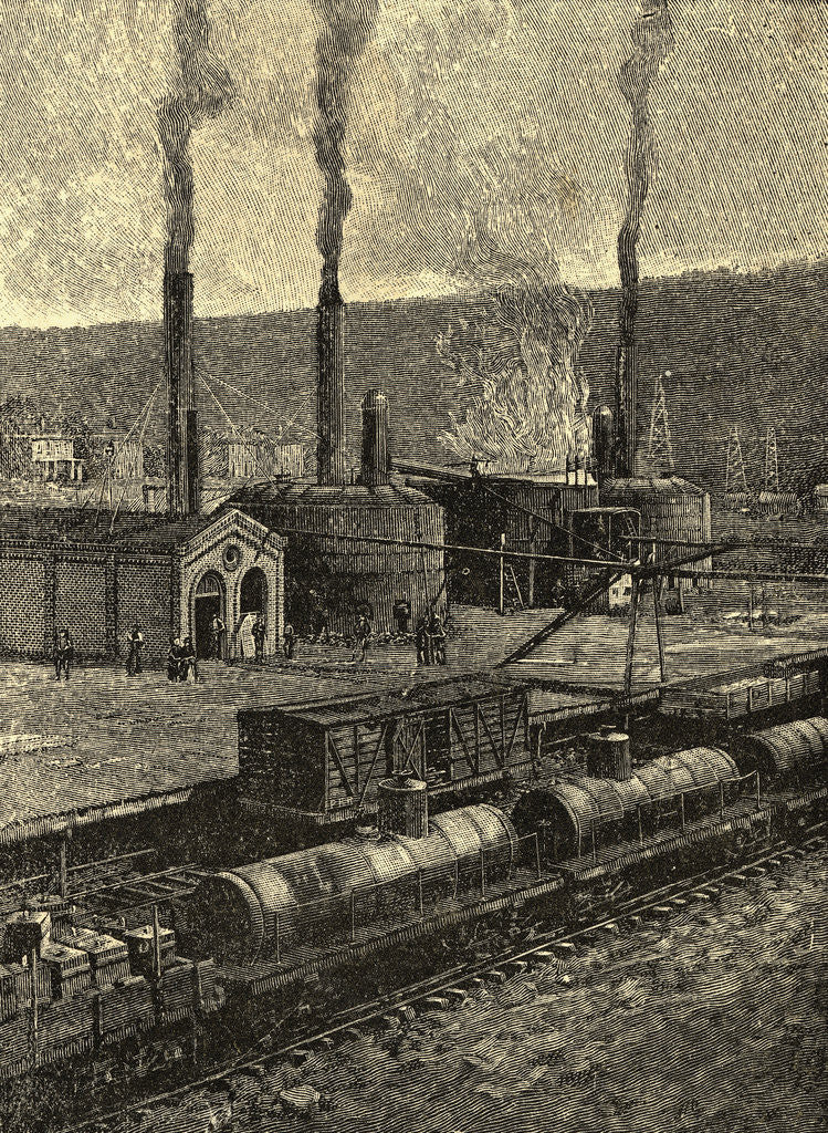 Detail of Engraving of Oil Refinery with Tank Cars by Anonymous