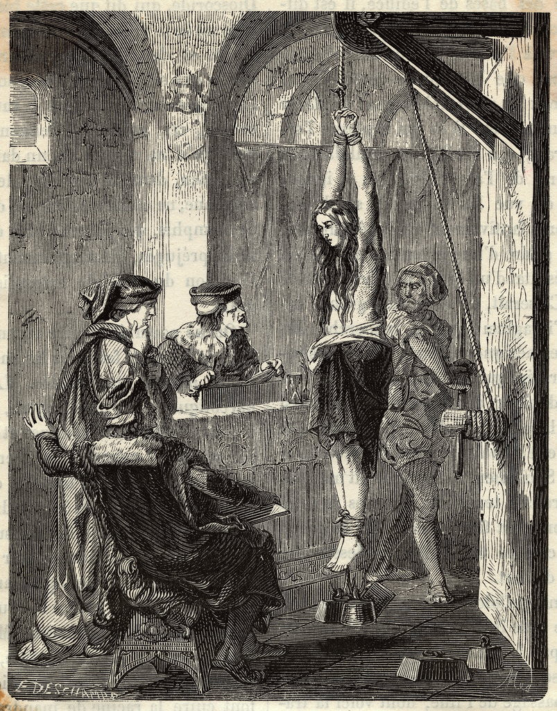 Detail of Illustration of Woman Being Tortured by E. Deschamps