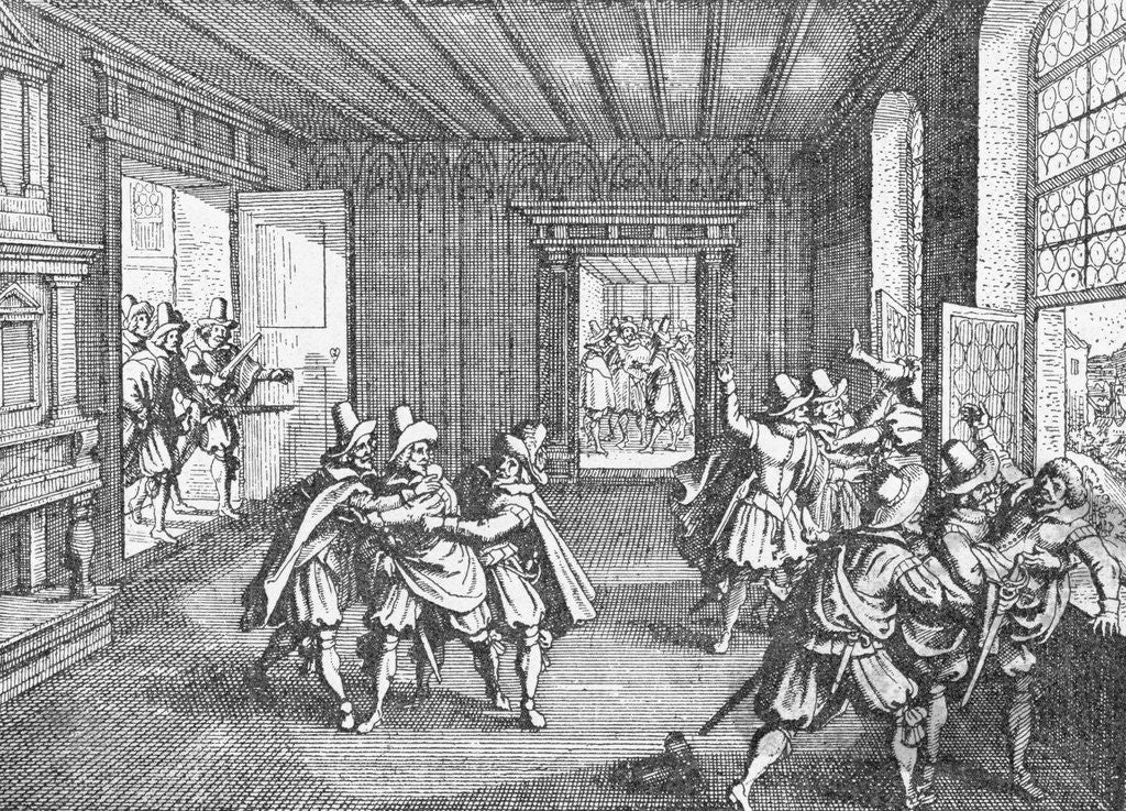 Detail of Illustration of Royal Commissioners Thrown Out Window by Anonymous