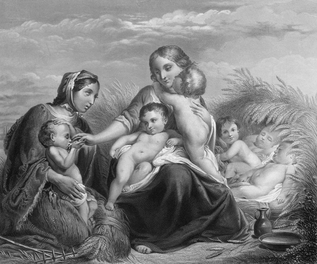 Detail of Charity Aiding Mother and Children by Corbis