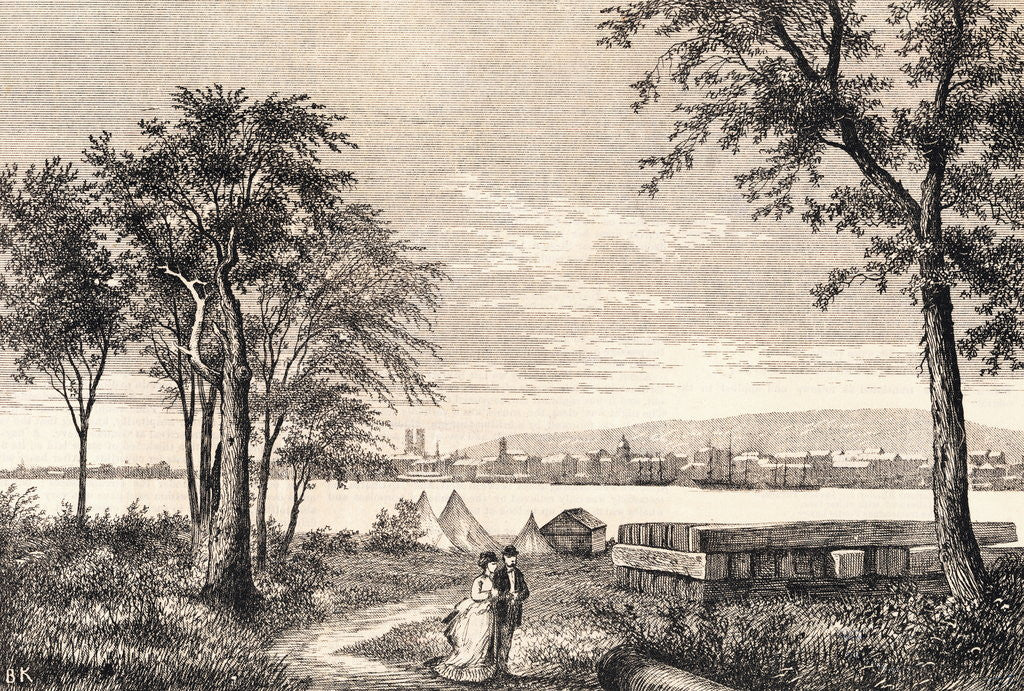 Detail of Couple Strolling in Park Across from City by Anonymous