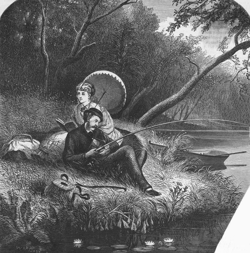 Detail of Woman Reading While Man is Fishing by Anonymous